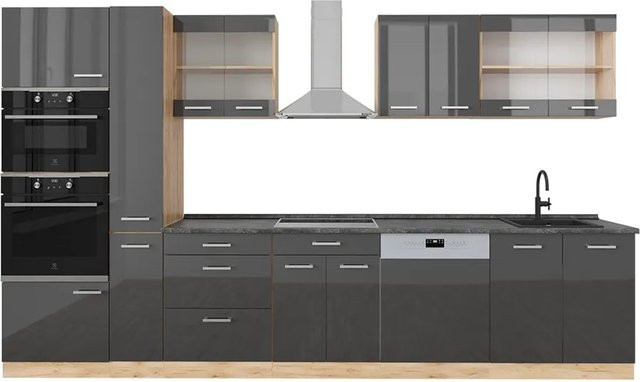 Vicco R-Line Küchenzeile Anthrazit Hochglanz und Goldkraft Eiche mit Hochschrank, Breite: 350 cm - Bild 1