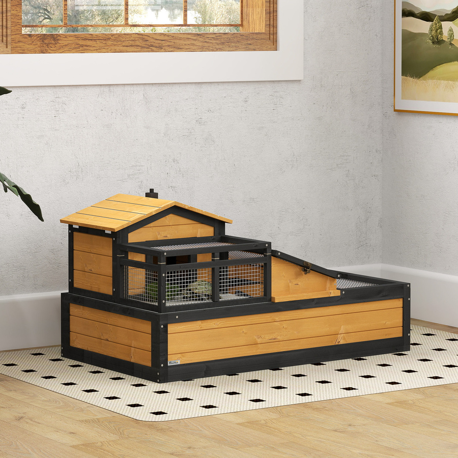 PawHut Schildkrötenhaus aus Holz mit zwei Ebenen und Balkon, wetterfestes Reptiliengehege für den Außenbereich, Gelb, B/T/H: 112 x 65 x 60 cm - Bild 2