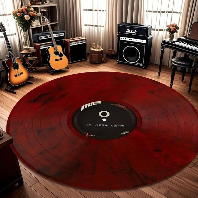 Lodestar Retro Schallplatten Teppich in Rot, rund, rutschfest und waschbar, Durchmesser: 40 cm - Bild 1