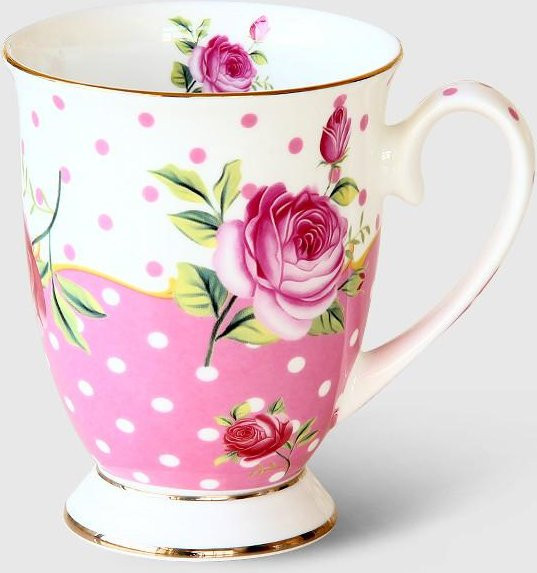 Tealand Kaffeebecher aus Knochenporzellan mit floralem Blumenbild in Weiß, 300 ml - Bild 1