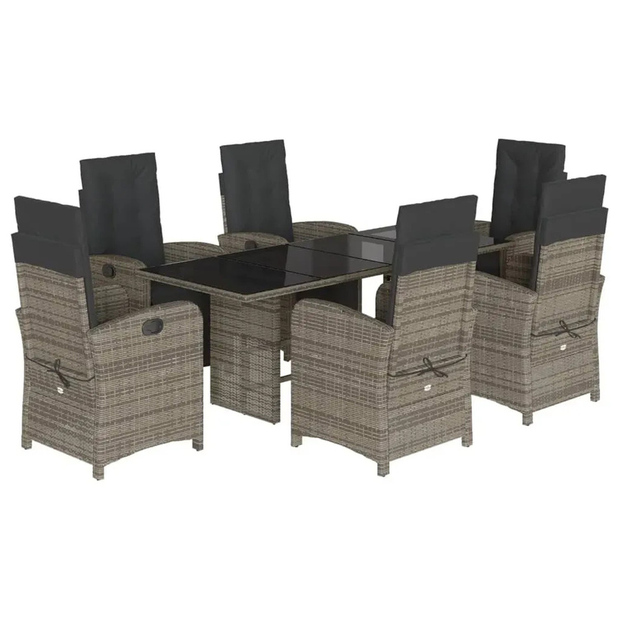vidaXL 7-teilige Garten-Essgruppe aus Poly-Rattan mit Kissen in Grau und Tisch mit Hartglasoberfläche - Bild 2