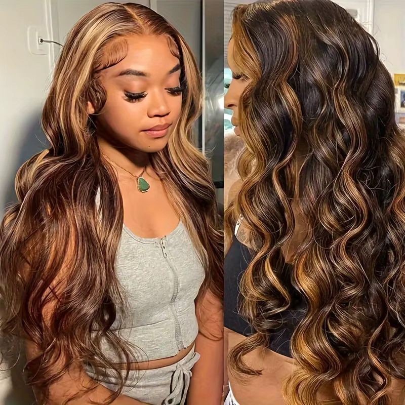 FIUMER Echthaar-Perücke, Braune Body Wave, HD Lace Frontal, P4/27 Ombre Braun, 86cm - Bild 6