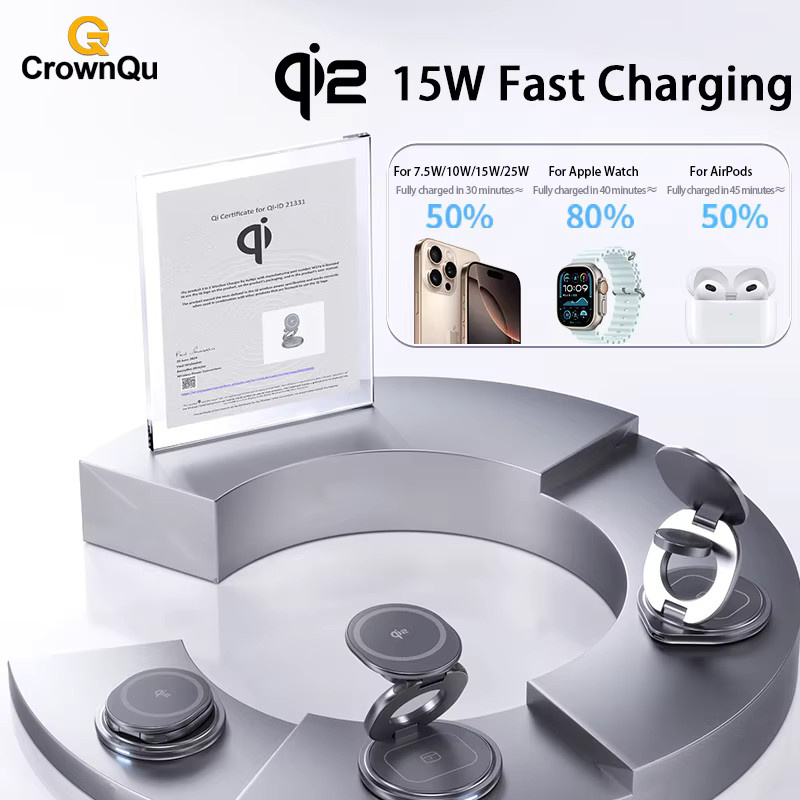 CrownQu 15W QI2 Magnetisches Kabelloses Ladegerät in Grau mit 360 Grad drehbarem und faltbarem Ladeständer für iPhone, Apple Watch und AirPods - Bild 5