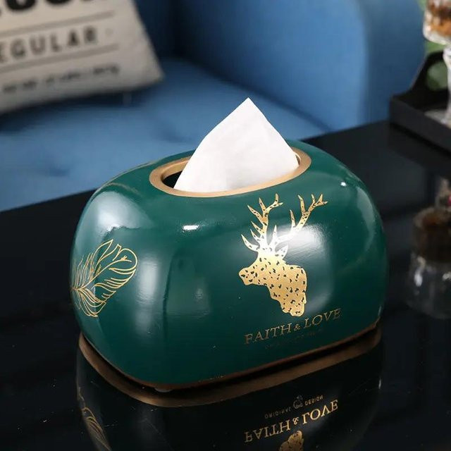 Rustikale ovale Taschentuchbox aus Keramik in Blau und Gold, handbemaltes Porzellan-Dekor für den Tisch - Bild 1