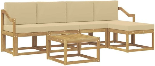 vidaXL Outdoor-Sofagarnitur 6-teilig L-Form aus Akazienholz mit Kissen in Weiß und Beige - Bild 1
