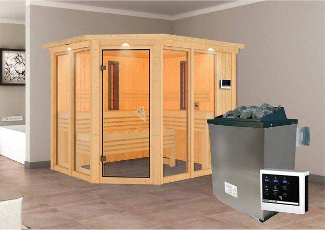 Karibu Infrarotkabine Anka mit Ofen, 2 Infrarotstrahler und LED-Dachkranz in Natur Braun - Bild 1