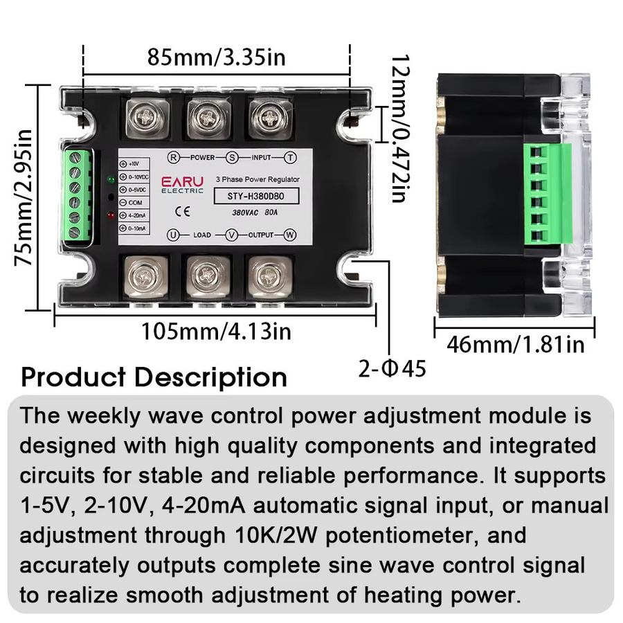 EARU Dreiphasen-Halbleiterrelais Spannungsreglermodul Leistungsregler Thyristor AC380V 25A-400A SSR mit Lüfter-Kit in Schwarz - Bild 2