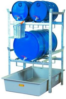CEMO Fassregal Typ 400 Variante 2 mit GFK-Auffangwanne und Fassauflage, Farben: Grau und Blau, B: 128 cm, T: 99 cm, H: 162 cm - Bild 1