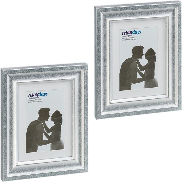 Relaxdays Bilderrahmen Set in Silber mit Passepartout aus Kunststoff und Glas im antiken Design, 2er Set, B: 15 cm, H: 20 cm - Bild 1