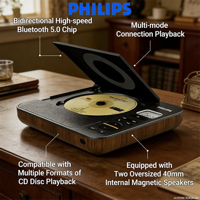 Philips EXP5608 Retro-CD-Player mit Bluetooth, USB und TF-Kartenslot in Schwarz und Braun - Bild 1