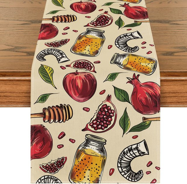 JMG Household Supplies Tischläufer aus Leinen für Rosch Haschana in Schwarz und Multicolour, B/H: 150 x 33 cm - Bild 1