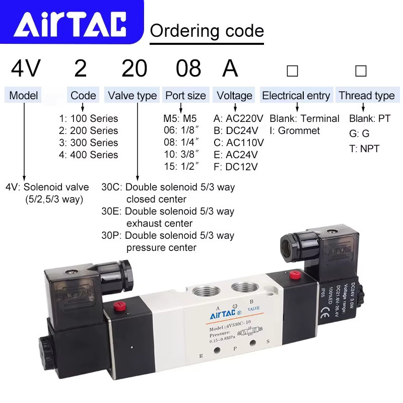 AIRTAC Original Pneumatisches 5/3-Wege-Doppelmagnetventil Umkehrventil 4V130C-06/M5 4V230C-08 4V330C-10 E P - Bild 2