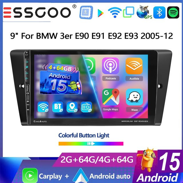 ESSGOO Android 15 Autoradio für BMW 3er E90 E91 E92 E93 (2005-2012) mit 9 Zoll IPS Touchscreen, Wireless Carplay, Android Auto, GPS, Bluetooth, Wifi und USB Typ-C in Schwarz - Bild 1
