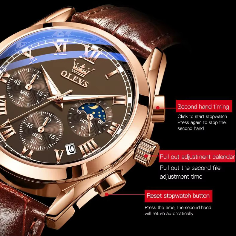 OLEVS Chronograph, Quarzuhr, Leder, Edelstahl, Herren - Bild 4