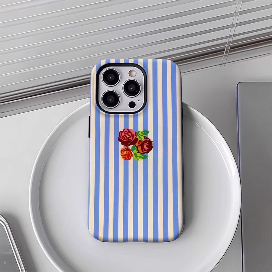 Doppelschichtige iPhone Handyhülle mit Rosenmuster auf blau-weiß gestreiftem Design für Apple iPhone 18 17 16 15 14 13 12 Pro Max Plus - Bild 3