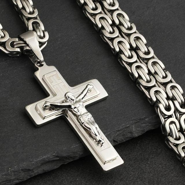 Halskette Jesus Kreuz, Edelstahl, Silber, 60 cm, Herren - Bild 1