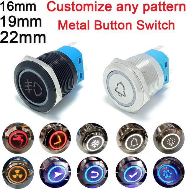 Maßgefertigter Metall-Druckknopfschalter Schwarz mit Laser-Leuchtkreis, Wasserdicht, Momentan oder Verriegelnd für 12V/24V in 16mm, 19mm und 22mm - Bild 1