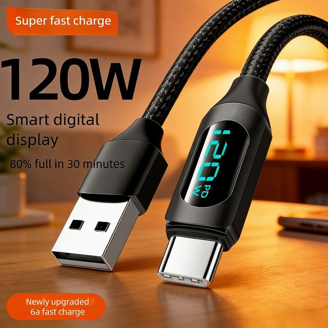USB-A auf USB-C Datenkabel mit digitaler Anzeige, 120W Schnellladekabel 6A für iPhone, Samsung, Xiaomi und Huawei, Schwarz oder Blau - Bild 1