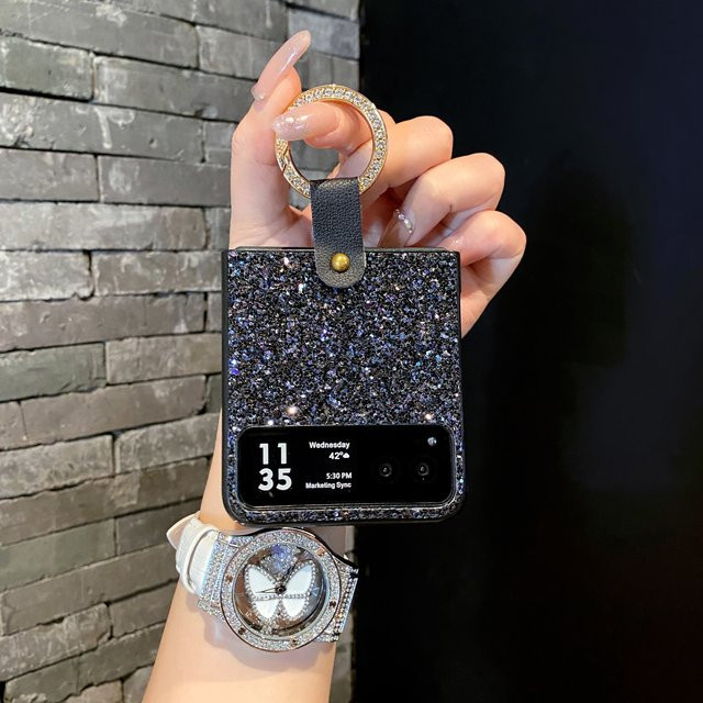 Glänzende Leder-Hartschale für Motorola Moto Razr 40 und Moto Razr 40 Ultra mit künstlicher Diamantbeschichtung und Ring-Schnalle in Schwarz - Bild 1