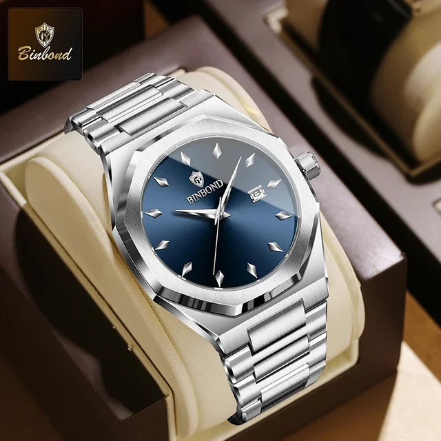 BINBOND Armbanduhr Edelstahl, Quarz, Silber, Herren, Datum - Bild 1