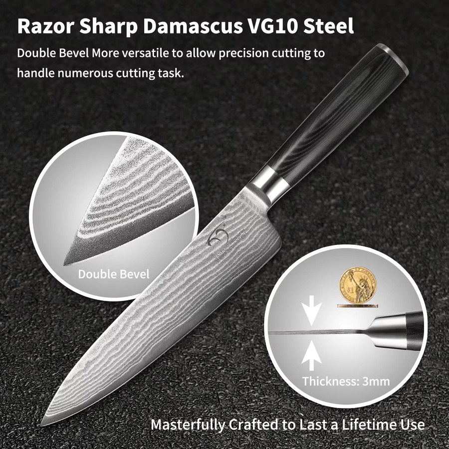 Katisun Damaszener Stahl Kochmesser mit Hochkarbon-Stahlklinge und Pakkaholz-Griff, 8 Zoll (20,32 cm) - Bild 3