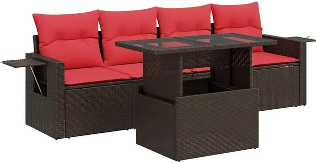 vidaXL 5-teilige Garten-Sofagarnitur in L-Form aus braunem Poly-Rattan und Akazie mit Kissen und Tisch - Bild 1