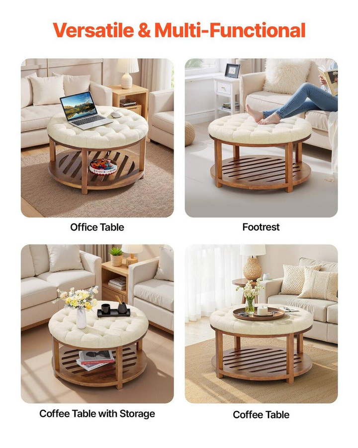 Buying Solutions MB Runder Hocker-Couchtisch aus Massivholz und Leinen in Beige, Durchmesser: 81 cm, getuftet - Bild 3