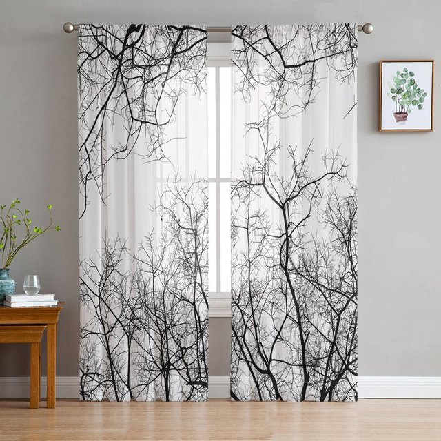 Transparente Vorhänge mit schwarz-weißem Zweig-Design aus Organza und Tüll, Farbe: Schwarz, Weiß, Transparent, B: 135 cm, H: 160 cm - Bild 1