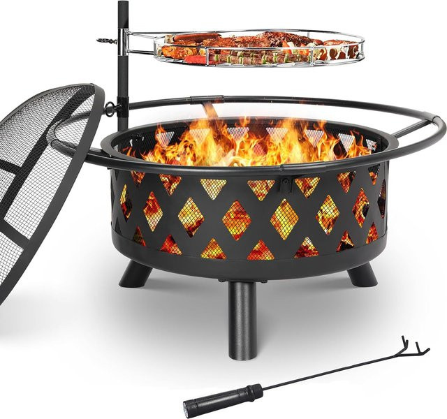 Homfa Multifunktionale Feuerschale in Schwarz mit Funkenschutz und Grillrost, höhenverstellbar, B/T/H: 76,0 x 58,0 x 15,0 cm - Bild 1