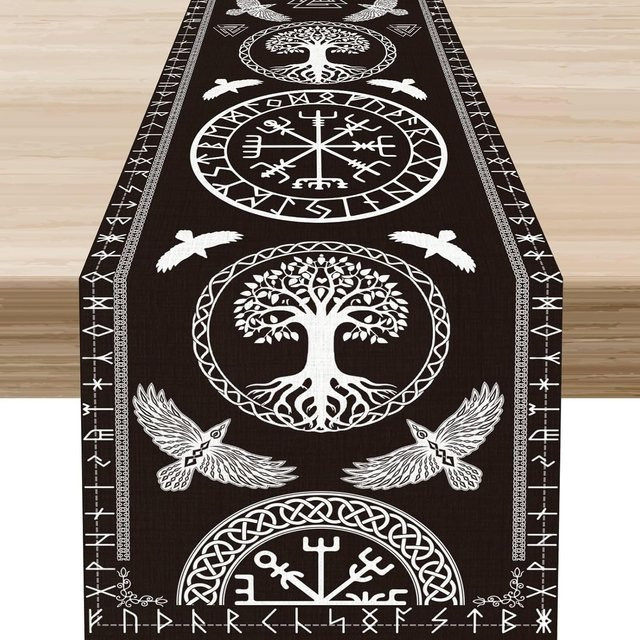 JINGYUE Pet Tischläufer aus Leinen mit Nordischer Mythologie Runen Design in Weiß, B: 150 cm, T: 33 cm - Bild 1