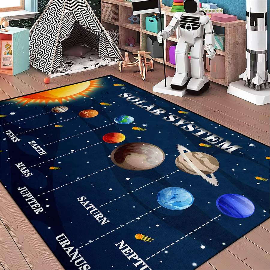 VIKAMA Kinderteppich mit Sonnensystem-Planeten-Motiv in Blau, rutschfester Lernteppich für Schlafzimmer und Kinderzimmer - Bild 1