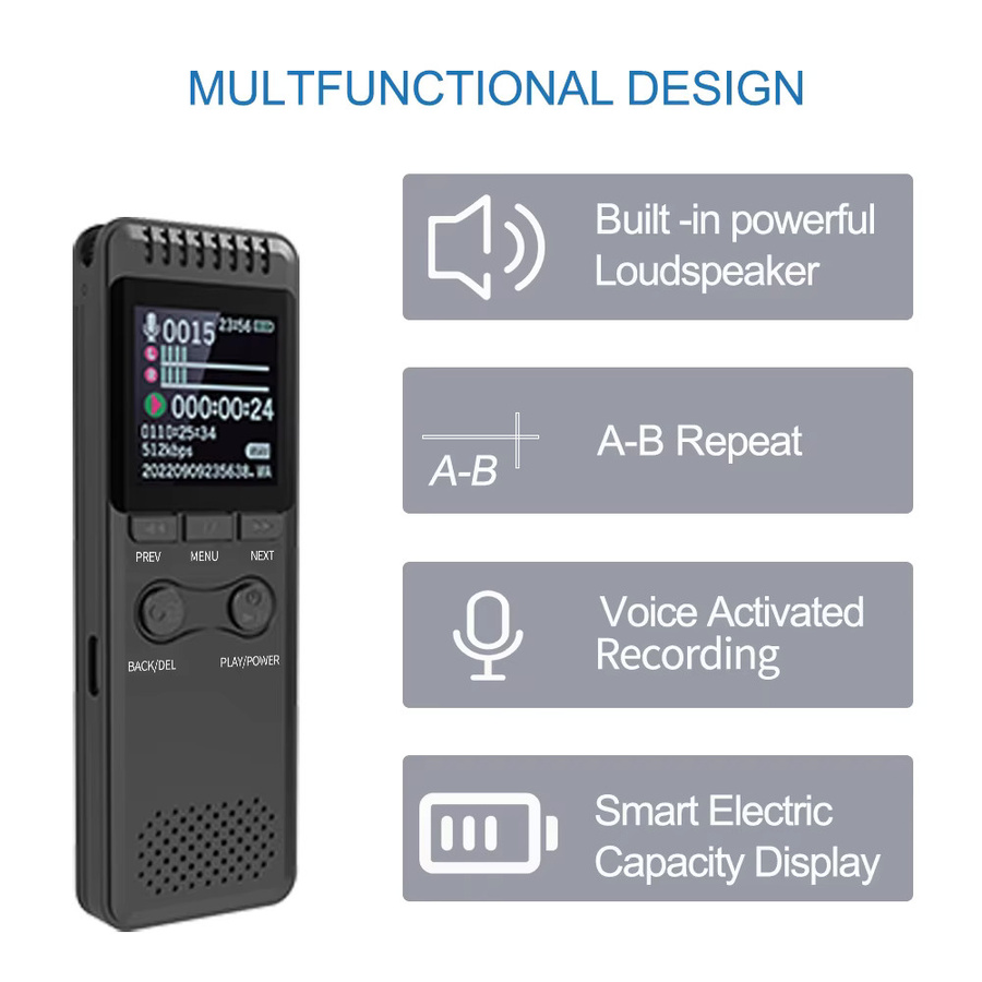 Vandlion V30C Diktiergerät in Schwarz mit 1,44 Zoll TFT-Bildschirm und Typ-C-Anschluss als MP3-Musikplayer für Interviews - Bild 2
