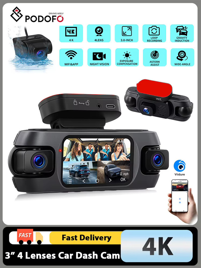 Podofo 4K Dashcam mit 360-Grad-Parküberwachung, WiFi, Nachtsicht und G-Sensor in Schwarz - Bild 6