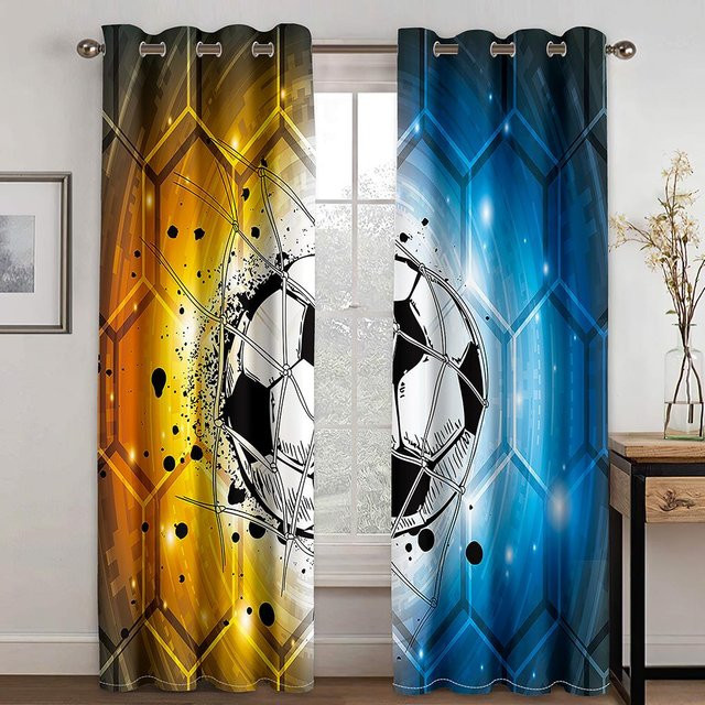 2er-Set 3D Fußball Vorhang mit Flammen-Design für Kinderzimmer und Wohnzimmer, halbtransparent, Mehrfarbig, B: 70 cm, H: 165 cm - Bild 1