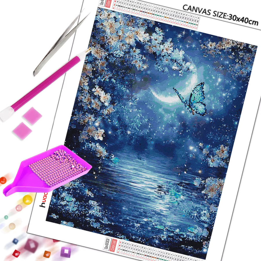 Huacan 5D DIY Diamantmalerei Mond Schmetterling und Blumen Landschaft in Blau, B/H: 20 x 30 cm - Bild 2