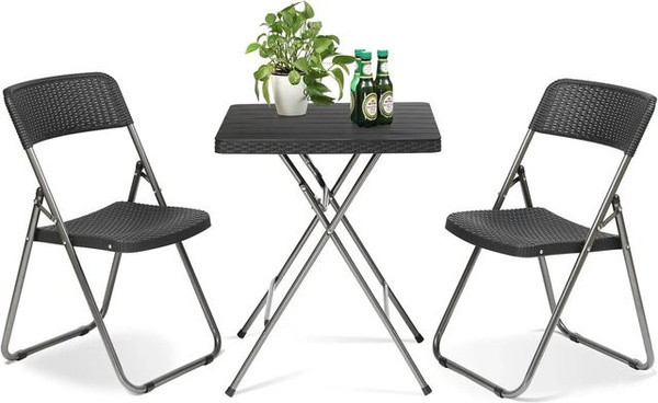 Sekey 3-teiliges Bistroset Balkonmöbel Set in Schwarz mit Klapptisch und 2 Stühlen aus PE-Rattan und Eisenrohr, Tisch B: 60 cm, T: 60 cm, H: 73 cm
