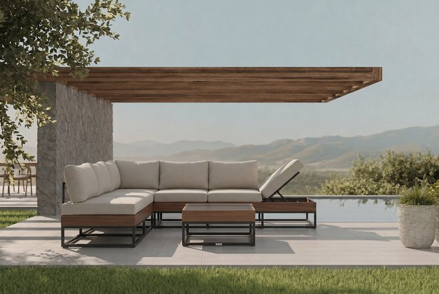 OUTFLEXX Taro Gartenlounge für 5 Personen in Anthrazit und Beige mit Alu, Holzoptik, Glas und Quick-Dry-Schaum - Bild 1