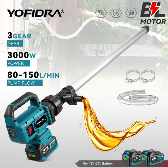 YOFIDRA 3-Gang Bürstenlose Wassertransferpumpe 3000W Kabellose Flüssigkeitsextraktionsmaschine für Makita-Akku mit 80-150L/Min - Bild 1