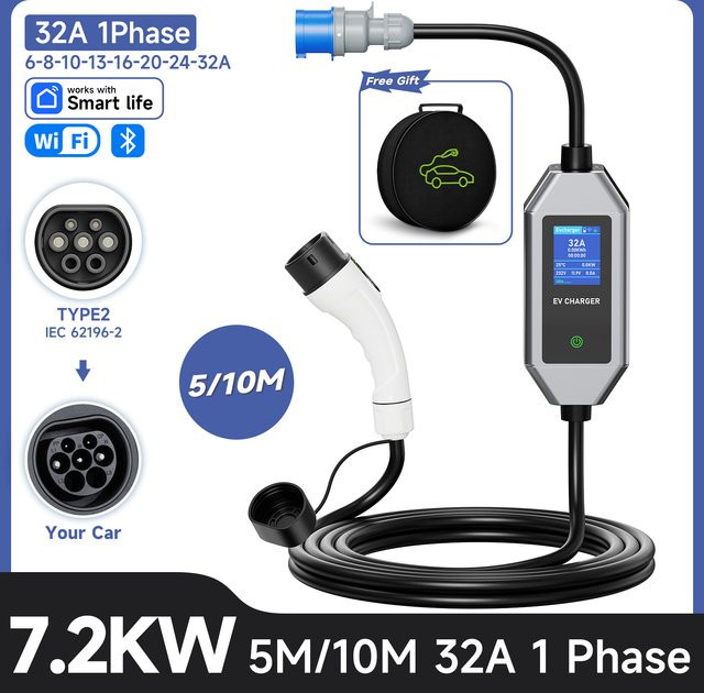 JNTAFEV Tragbares Elektrofahrzeug-Ladegerät 7,2kW 32A mit WLAN-App-Steuerung, Typ2 IEC62196-2, Typ1 J1772, GB/T und CEE-Stecker, Farbe: Grau - Bild 1