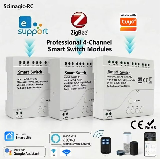Scimagic-RC 4-Kanal Smart Switch Modul WiFi ZigBee 433MHz RF Relais in Weiß, kompatibel mit Tuya Ewelink APP und Alexa, AC/DC 7-32V 220V 16A - Bild 1