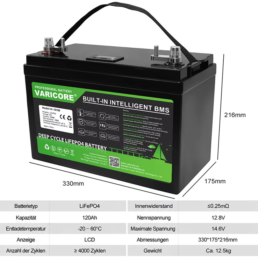 VariCore 12V 120Ah LiFePO4 Batterie mit integriertem BMS und USB 3.0 Type-C in Schwarz für Wohnmobil, Camping, Solar und Marine - Bild 2
