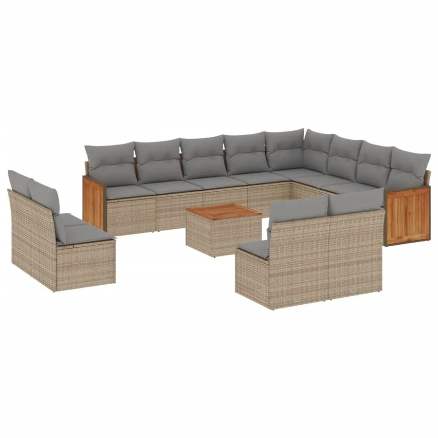 vidaXL 13-teilige Garten-Sofagarnitur aus Poly-Rattan und Akazienholz in Beige-grau mit Kissen - Bild 2