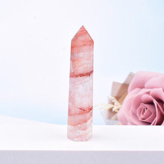 RYCRYSTAL Kristall Obelisk aus natürlichem roten Gummi-Blumen-Stein für Reiki, Meditation und Heilung, Farbe: Rot/Pink - Bild 1