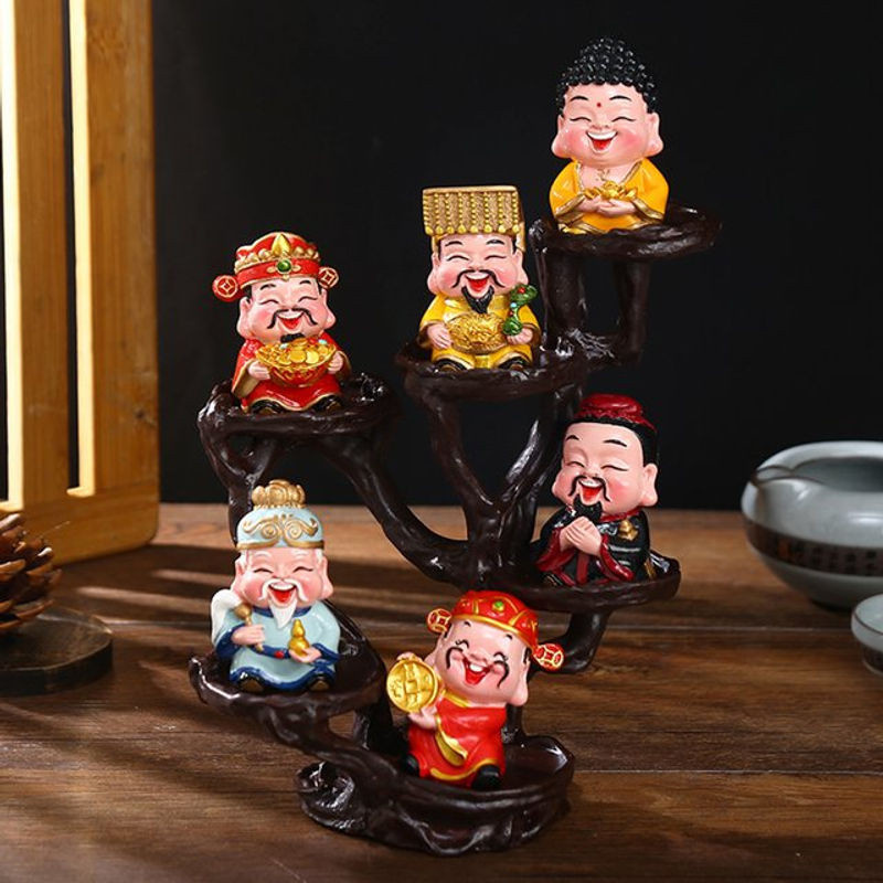 Kesoto 6er Set Gott des Glücks Miniaturfiguren aus Kunstharz in Mehrfarbig mit Ständer für Frühlingsfest und Neujahr - Bild 1