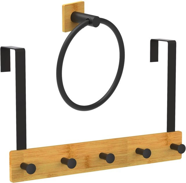 Relaxdays Türgarderobe mit Handtuchring und Hakenleiste aus Bambus und Eisen, Schwarz, B: 24 cm, H: 45 cm, T: 8,5 cm - Bild 1