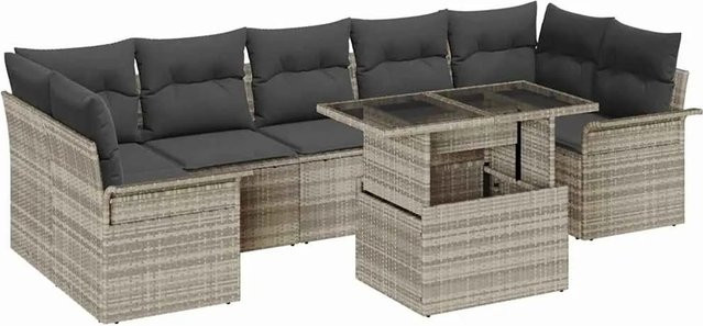 vidaXL 8-teiliges Garten-Sofa-Set aus Polyrattan in Hellgrau mit Kissen und Couchtisch für Terrasse und Balkon - Bild 1