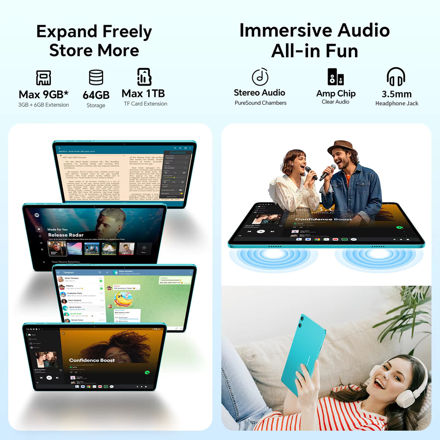 Teclast P33 Tablet mit 10,1 Zoll Display, Android 15, 9GB RAM, 64GB ROM, Wi-Fi 6, USB-C und Kopfhöreranschluss - Bild 3