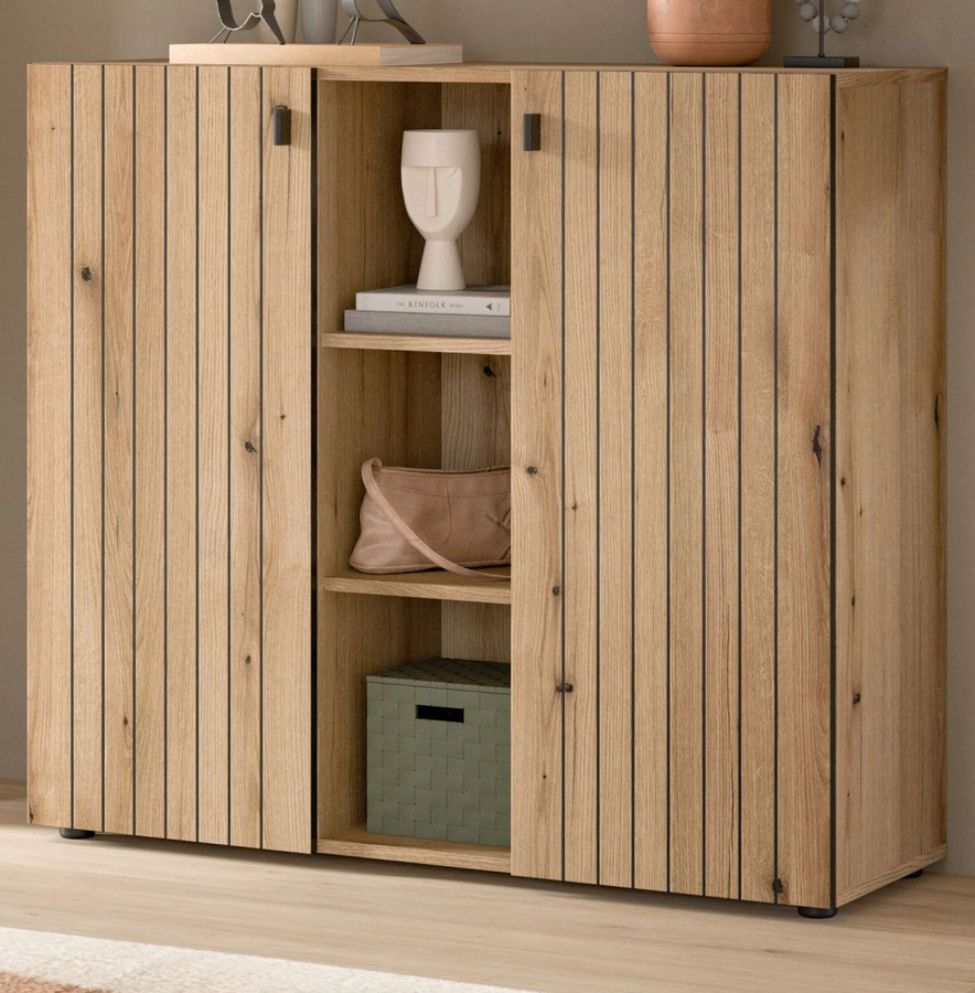 Flurkommode Loreno in Eiche, modern mit Türen und offenen Regalen, B/T/H: 106 x 37 x 96 cm - Bild 1