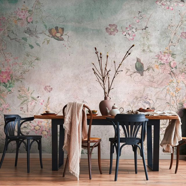 PROFHOME Fototapete Blumen Floral Vintage Matt Grau Blau Rosa B: 3,71 m, H: 2,80 m - Bild 1
