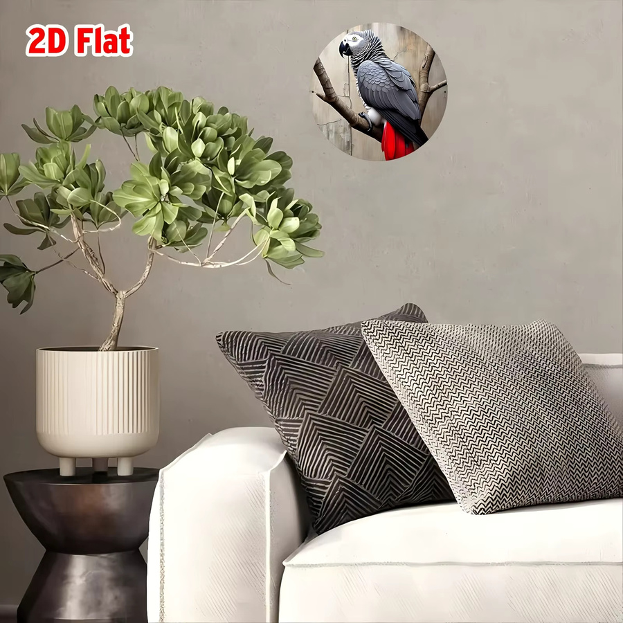 Potdemiel Aluminium-Wandkunst Majestic African Grey Parrot mit grünen Blättern, runde Metall-Wanddekoration, Durchmesser: 20,32 cm - Bild 4